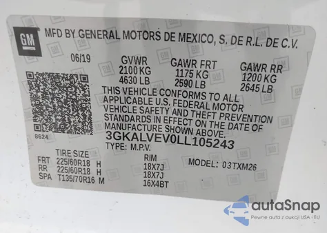 2020 GMC Terrain Awd Slt z USA, uszkodzony, nr VIN 3GKALVEV0LL105243